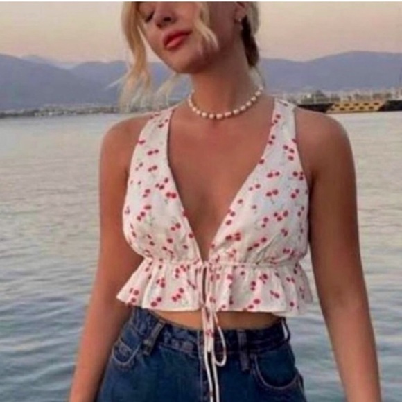 Zara Tops - Zara Cherry Print Ruched front tie tie Crop top size small